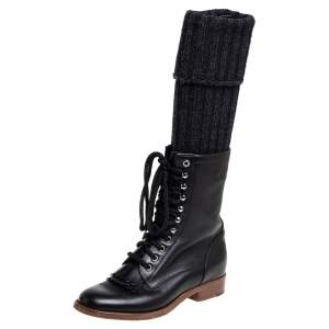 Chanel Black Leather And Knit Fabric Sock Combat Boots Size 38