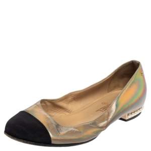 مملوكة مسبقًا Chanel Grey/Black Leather And Canvas Ballet Flats Size 37.5