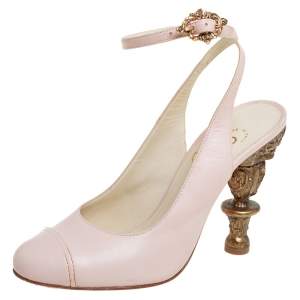 مملوكة مسبقًا Chanel Pink Leather Baroque Heel Ankle Strap Sandals Size 36