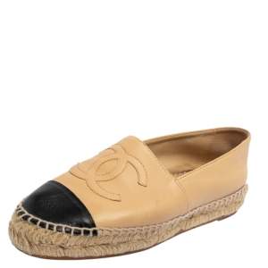 مملوكة مسبقًا Chanel Beige/Black Leather CC Cap Toe Espadrille Flats Size 35