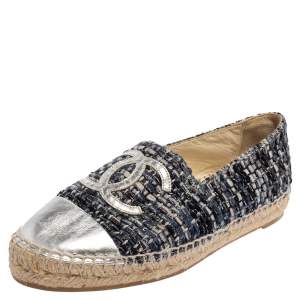 Pre Owned حذاء إسبادريل فلات شانيل تويد وجلد رصاصي مقدمة سي سي مقاس 37