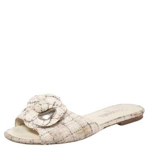 مملوكة مسبقًا Chanel Multicolor Tweed Camellia Slide Flat Sandals Size 41