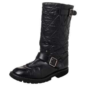 Chanel Black Quilted Coated Fabric And Leather Mid Calf Boots Size 38