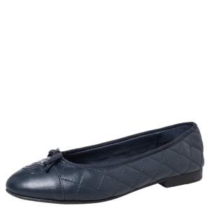 Pre Owned Chanel Blue Quilted Leather CC Bow Ballet Flats Size 36
