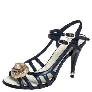 Chanel Midnight Blue Leather Camellia Embellished Ankle Strap Sandals Size 38.5