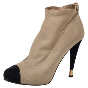 Chanel Beige/Black Stretch Fabric CC Cap Toe Ankle Booties Size 41
