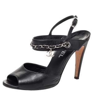 Chanel Black Leather CC Logo Chain Charms Slingback Sandals Size 36.5
