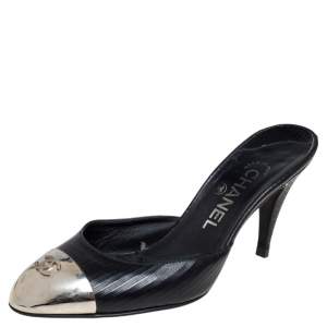 Chanel  Black Leather CC Cap Toe Mule Sandals Size 37