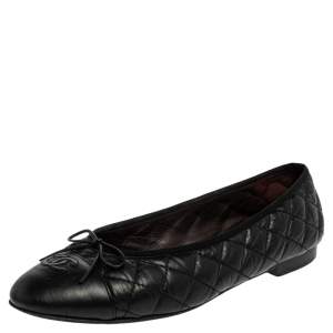 مملوكة مسبقًا Chanel Black Quilted Leather CC  Bow Ballet Flats Size 42