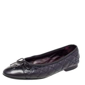 Pre Owned Chanel Black Quilted Leather CC Bow Ballet Flats Size 36