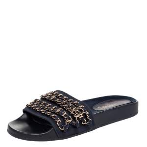 Chanel Navy Blue Fabric Tropiconic Chain Flat Slides Size 39
