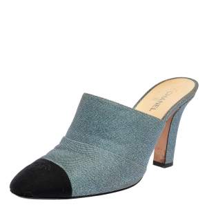 مملوكة مسبقًا Chanel Black/Blue Denim and Fabric CC Mules Size 38