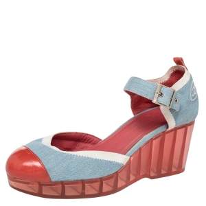 Chanel Blue/Red Denim And Paten Leather CC Cap Toe Wedge Platform Ankle Strap Sandals Size 40