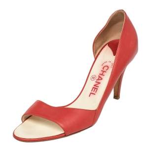 Chanel Red Leather D'orsay Open Toe Pumps Size 39.5