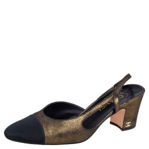 Chanel Black/Metallic Green Suede and Fabric Cap Toe CC Slingback Sandals Size 38
