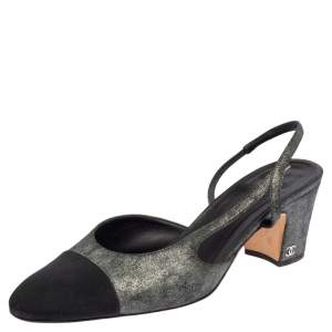 مملوكة مسبقًا Chanel Black/Metallic Grey Suede and Fabric Cap Toe Slingback Sandals Size 40