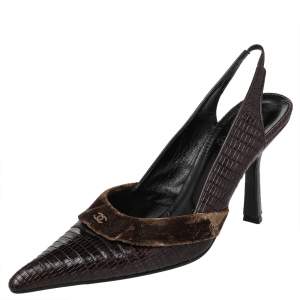 Pre Owned Chanel Vintage Lizard Embossed Leather And Velvet CC Slingback Sandals Size 41 