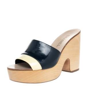 Chanel Cream/Blue Patent Leather CC Wooden Clogs Sandals Size 37.5