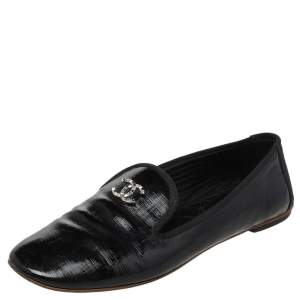 Chanel Black Patent Leather CC Smoking Slippers Size 37.5