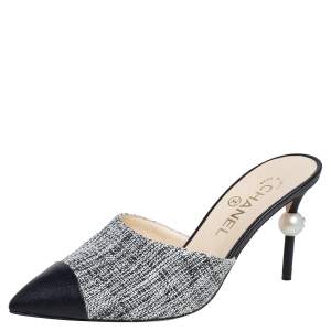 Chanel White/Black Tweed And Leather Faux Pearl CC Heel Mules Size 38