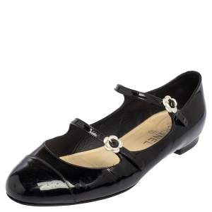 Pre Owned Chanel Black Patent Leather Cap Toe Strappy Ballet Flats Size 39