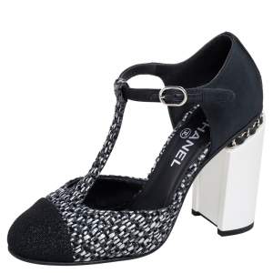 مملوكة مسبقًا Chanel Black Tweed and Fabric Cap Toe T-Strap Sandals Size 39