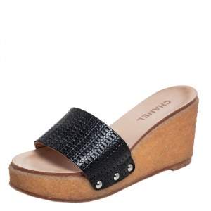 Chanel Black Leather Wedge Platform Slide Sandals Size 40.5