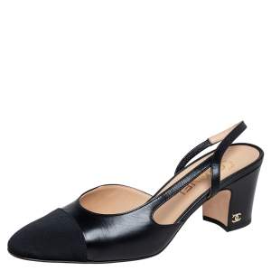 مملوكة مسبقًا Chanel Black Leather and Fabric Cap Toe CC Slingback Sandals Size 38