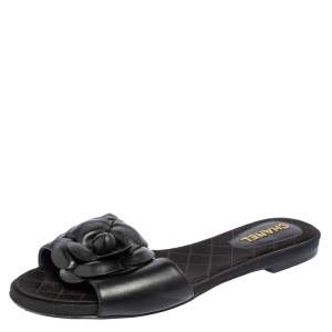 Chanel Black Leather Camellia Slide Flat Sandals Size 37