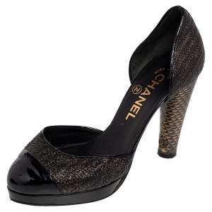 Chanel Black/Gold Python Effect Leather Cap Toe D'orsay Pumps Size 36