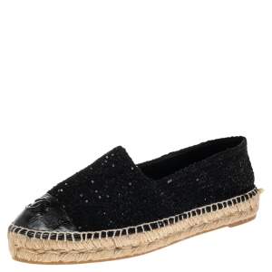 مملوكة مسبقًا Chanel Black Sequins Tweed and Leather CC Cap Toe Espadrille Flats Size 39