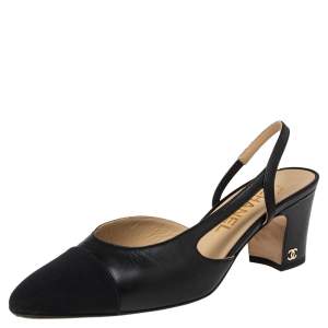 Pre Owned Chanel Black Leather CC Cap Toe Slingback Pumps Size 36.5