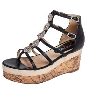 مملوكة مسبقًا Chanel Black Leather Camellia Strappy Cork Platform Sandals Size 38