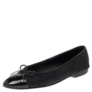 Pre Owned Chanel Black Denim and Coated Canvas CC Cap Toe Bow Ballet Flats Size 39