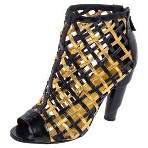 Chanel Black/Gold Woven Caged Patent Leather and Leather Open Toe Swirl Heel Booties Size 37.5