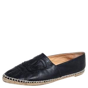 مملوكة مسبقًا Chanel Black Leather CC Cap Toe Espadrille Flats Size 41