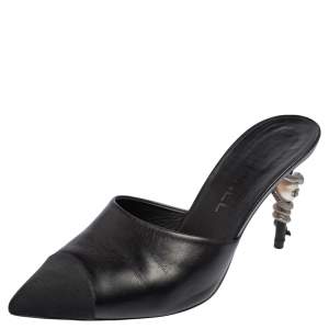 Chanel Black Leather and Fabric Pearl and Snake Embellished Heel Pointed Toe Mules Size 37.5