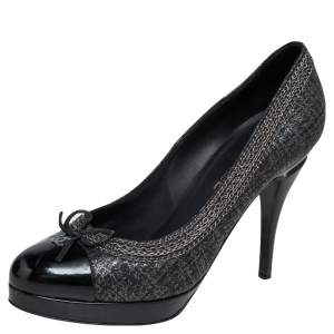 Chanel Black/Silver Suede and Patent Leather Chain Link CC Cap Tope Platform Pumps Size 39.5