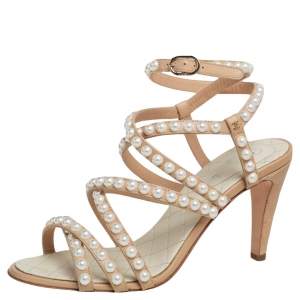 Chanel Beige Quilted Leather Pearl Embellished Ankle Strap Sandals Size 37.5