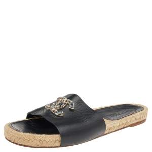Pre Owned Chanel Black Leather CC Espadrille Slides Flats Size 39