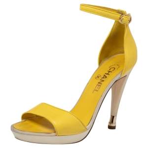 Chanel Yellow Canvas And Leather  Ankle Strap  Sandals Size 37.5