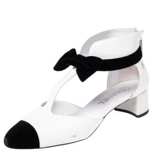 Chanel White/Black Leather And Velvet Cap Toe CC Bow Cut Out Ankle Boots Size 39