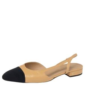 مملوكة مسبقًا Chanel Beige/Black Leather and Canvas CC Cap Toe Slingback Flat Sandals Size 38
