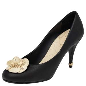 Pre Owned حذاء كعب عالي شانيل كاميليا فلاور جلد أسود مقاس 38