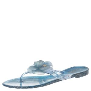 Chanel Blue Glitter Jelly Camellia Thong Flat Sandals Size 38