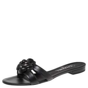 مملوكة مسبقًا Chanel Black Leather Camellia Open Toe Slide Sandals Size 38