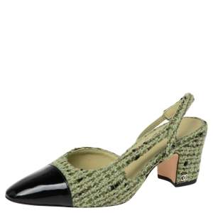 مملوكة مسبقًا Chanel Green/Black Tweed And Patent  CC Cap Toe Slingback  Sandals Size 38