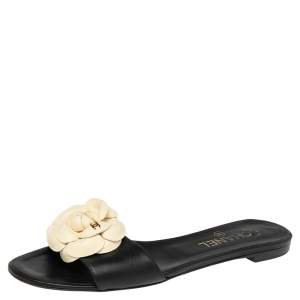 Chanel Black/Cream Leather Camellia Embellished CC Flat Slides Size 39