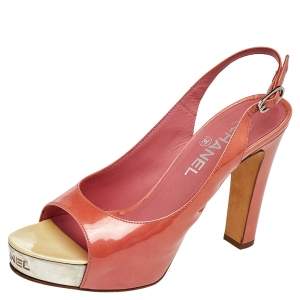 Chanel Orange Patent Leather Platform Slingback Sandals Size 38.5