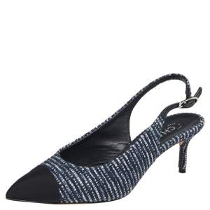 Pre Owned حذاء كعب عالي شانيل تويد أسود/أزرق غطاء مقدمة بحزام للكاحل مقاس 39